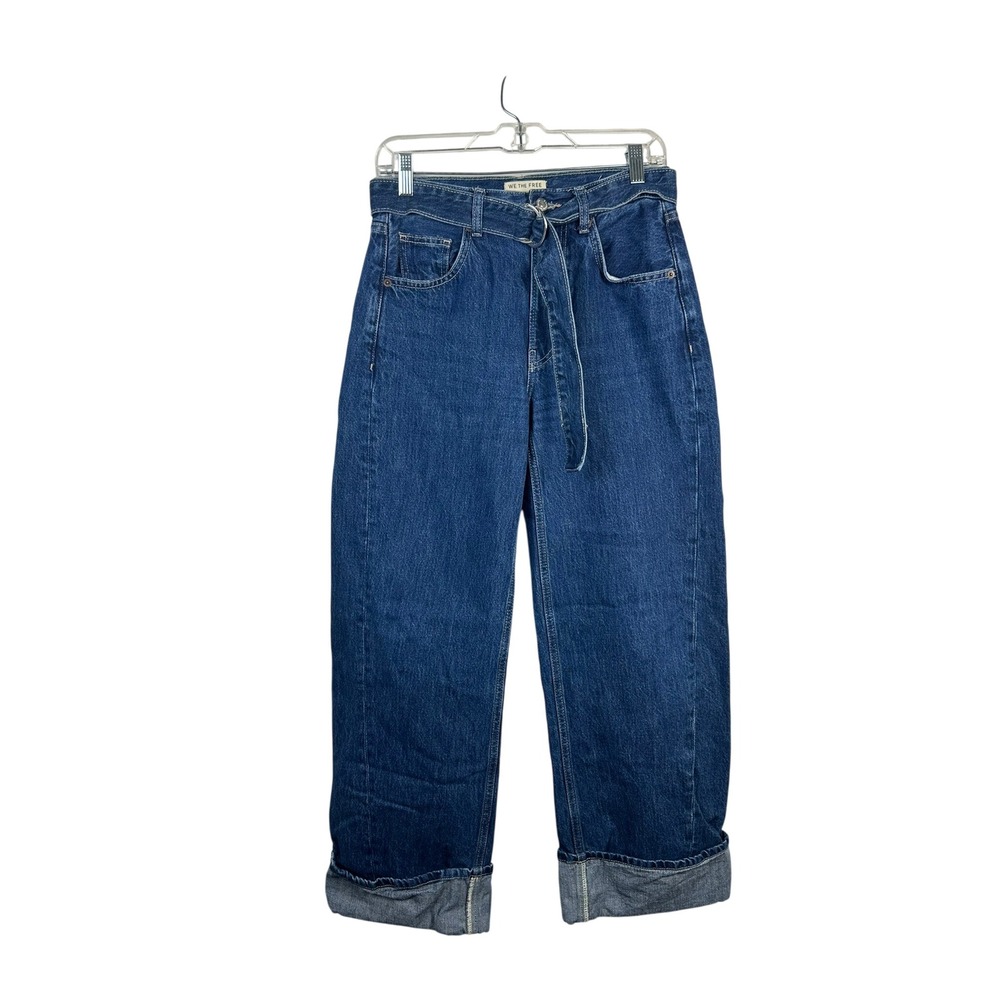 We The Free Wide Leg Jeans Womens 25 Blue Excellent High Rise Cuffed Tie Belt